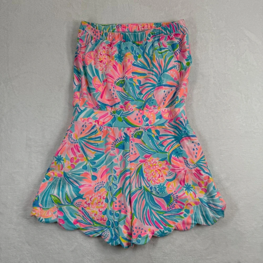 Lilly Pulitzer Donna Strapless Romper XS Pink Blue Floral Scalloped French Terry